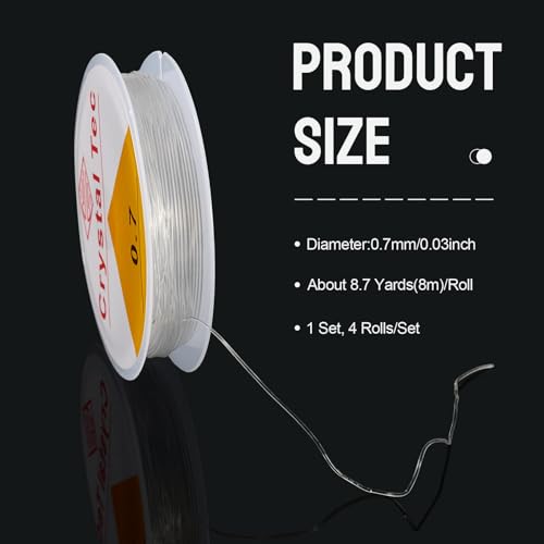 4 Rolls Elastic Stretch Thread Cord for Bracelets 0.7mm Round Clear Crystal Bracelet Beading Thread Elastic String Rope for DIY Women Necklace Jewelry Making Beading Craft, 8.7 Yards(8m)/roll - size: 0.7mm