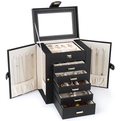 Kendal Jewelry Box, 6-Layer Jewelry Storage Organizer for Necklace Bracelet Rings Watch, 10.2"x8.2"x6" Classic Black PU Leather 5 Drawers Large Storage Capacity with Mirror - color: Black, size: Medium(10.2"x8.2"x6")