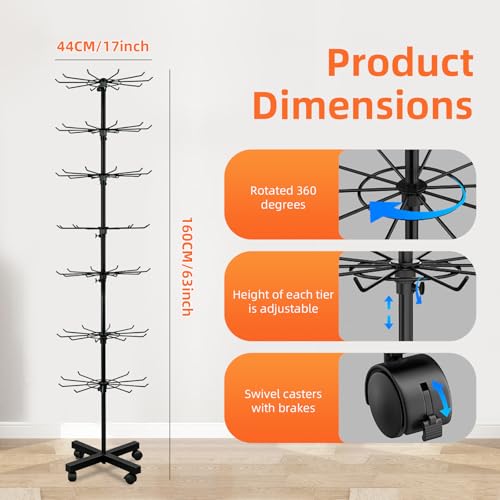 Retail Display Stand 7-Tier 360° Rotating Rack Shelves Retail Show Displays,Adjustable Height & Locking Wheel Store Display for Toys Jewelry Keyring Socking Hats Snacks Nail Accessories (Black,Metal)