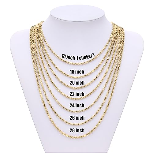 Fiusem 18K Gold Plated Rope Chain for Men, 18K Gold Plated/Black Chain Necklace, Stainless Steel Necklace for Men and Women, Jewelry Gifts - size: 26 Inches, style: Gold 4mm