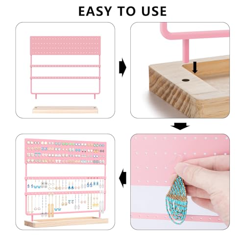 Earring Holder Organizer Stand - Earrings Display Rack 144 Holes Jewelry Holder Tower with Wooden Tray for Earrings Rings Pink - color: Pink