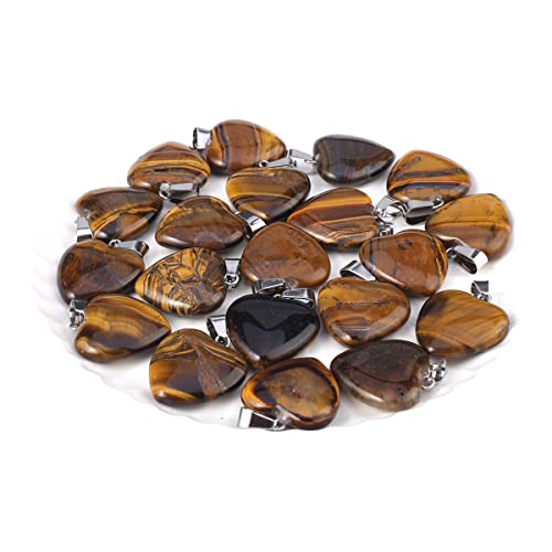 LE SKY 20 Pcs natural stone pendants heart shape healing stone charms for jewelry making - color: tiger eye