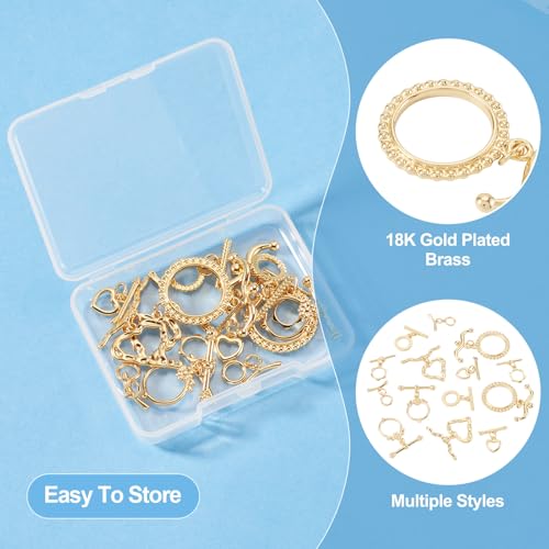 18K Gold Oval Toggle Clasps 14 Sets Heart Jewelry Clasps T-Bar Closure Clasp Fastener IQ End Clap for DIY Necklace Bracelet Earring Jewelry Making - color: 18K Gold-Heart/Flower/Round
