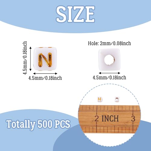 FASHEWELRY 500Pcs White Golden Letter Beads 4.5mm Square Alphabet Beads Acrylic Cube Letter N Beads for Friendship Bracelet Necklace Keychains Jewelry Making - color: Letter N