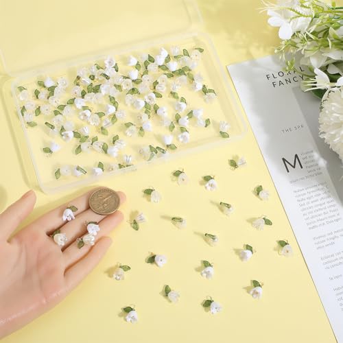 SUNNYCLUE 1 Box 120Pcs Lily Flower Charm White Lily Charms Acrylic Small Spring Floral Bell Leaves Lilies of The Valley Pendant Charm for Jewelry Making Charms Pendants Necklaces Supplies DIY Crafts - style: Chic