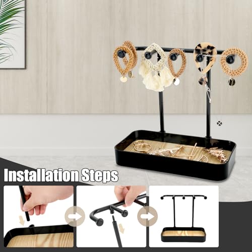 WCHOSOZH Jewelry Organizer Stand, Necklace Holder with Wooden Tray 5 Storage Hooks, Earring Holder with 5 Pcs Jewelry Bags for Bracelet,Chains,Rings,Earrings,Keys Watches,Necklaces (Black) - color: BLACK