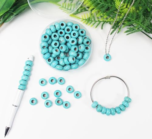 Turquoise Large Hole Beads for Jewelry Making - 100pcs 14mm European Gemstone Howlite Rondelle Spacer Big Craft Beads for Pens, Bracelets - color: Turquoise Large Beads