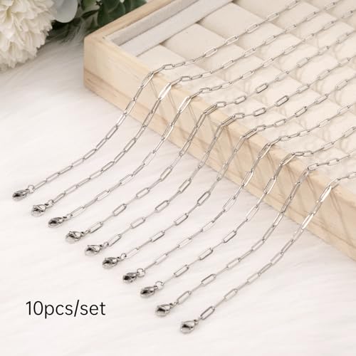 GTVOODX 10Pcs Paperclip Chain Necklace 20 Inch 3x9mm Stainless Steel Adjustable Link Chains Bulk for Women Necklace Jewelry Making - color: Silver, size: 20 Inch