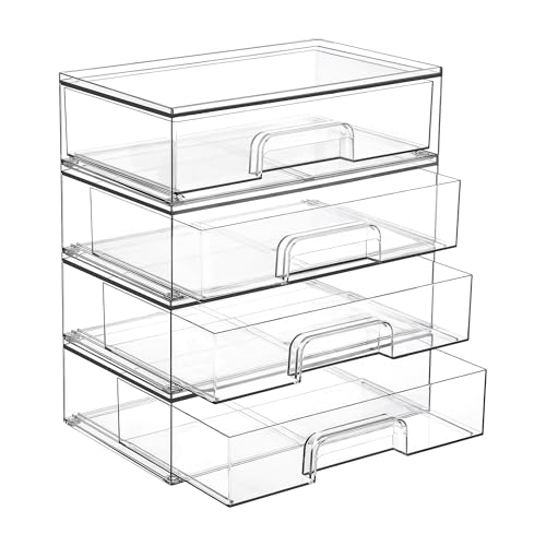 Vtopmart 12.1''W Clear Stackable Storage Drawers,4 Pack Acrylic Plastic Organizers Bins for Makeup Palettes, Cosmetics, and Beauty Supplies,Ideal for Vanity, Bathroom,Cabinet,Desk Organization - style: 4pack Wide
