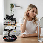 Cat Earring Holder Organizer Stand, Black Metal Jewelry Display Rack with Multiple Holes Hooks for Studs, Hoops, Necklaces, Bracelets, Rings, Cute Cat-Shaped Vanity Earring Tree for Girls
