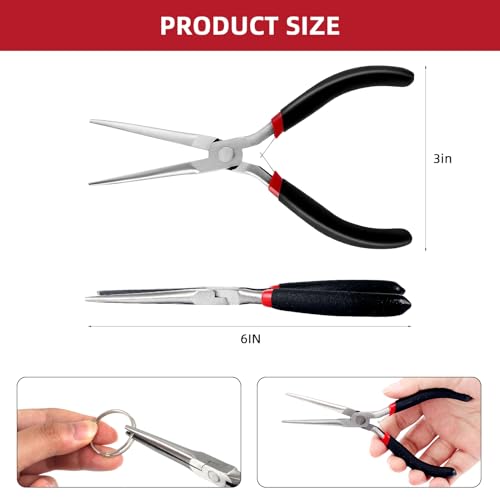 URSKYTOUS Needle Nose Pliers 6Inch Extra Long Nose Pliers with Comfort Grip Handles Non-Serrated Jaws Mini Small Needle Nose Pliers for Wire Wrapping Handmade Craft Jewelry Making Supplies (Black) - color: Rh Black Red