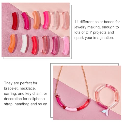 PH PandaHall 154pcs Curved Tube Beads, 11 Color Acrylic Tube Bead Pink Chunk Slide Beads Noodle Loose Spacer Bead for Valentine Summer Friendship Bracelet Keychain Jewelry Making 32mm - color: Pink