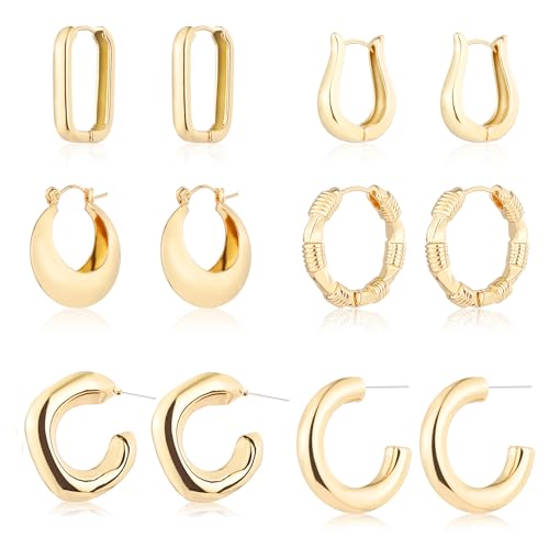 6 Pairs 14K Gold Plated Hoop Earrings for Women Lightweight Chunky Hoop Earrings Multipack Hypoallergenic, Thick Open Twisted Huggie Hoops Earring Set Jewelry for Gifts. - color: new gold hoops