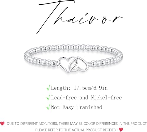Mothers Day Gifts - Beaded Bracelets for Women 14K Silver Gold Plated Stretch Handmade Ball Bracelets Cute Charm Bracelet Dainty Stackable Cross Heart Bow Wave CZ Circle Trendy Jewelry Easter Gifts - color: double-heart-silver