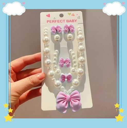 Princess Jewelry for Little Girls, Handmade Bow Pearl Kids Jewelry Set, Stretch Necklace Bracelets Rings and Clip on Earrings, Perfect for Dress Up, Birthday Parties, and Costume Play - color: Blue