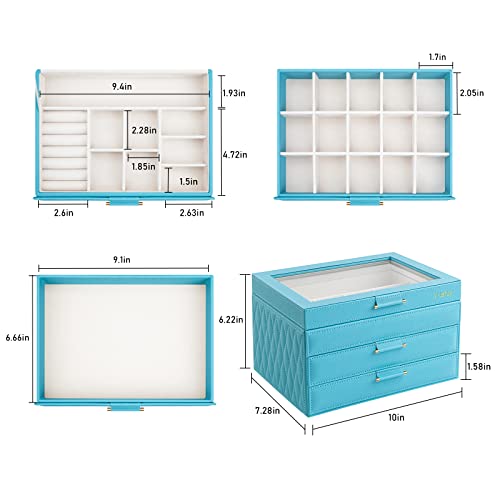 Jewelry Organizer for Women, Jewelry Box with Clear Glass Lid 3-Tier with 2 Drawers, Gift for Women Man on Thanksgiving Day, Christmas, New Year, Valentine's Day - Blue - color: Blue