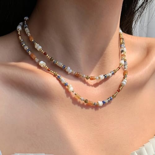 Handmade Natural Gemstone Beaded Necklace for Women, Cultured Freshwater Pearl Choker with Adjustable Extension Chain, Boho Healing Crystal Jewelry Collection - color: c Colorful