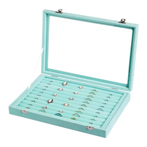 Frebeauty Rings/Earrings Organizer Tray with Clear Lid 10 Slots Velvet Drawer Insert Jewelry Storage box Transparent Glass lid Jewelry Display Case Showcase Gift for Girls Women (Turquoise, 10 Slots) - color: Turquoise, size: 10 Slots