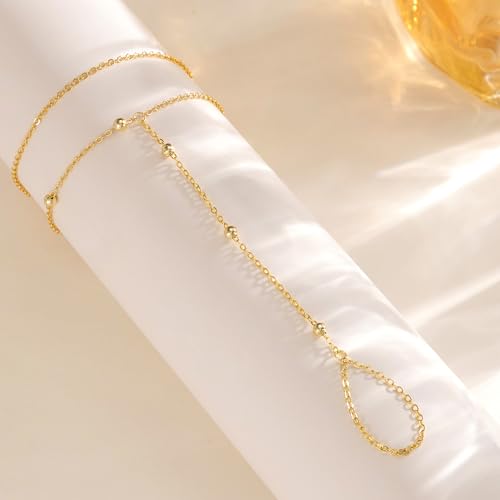 CHESKY 14K Gold Plated Hand Chain Bracelets for Women Set - Dainty Finger Ring Bracelet Stack Adjustable Hand Chains Durable Beaded Bracelets Trendy Simple Body Jewelry Gift for Women - style: 2tennis bead bracelet-gd