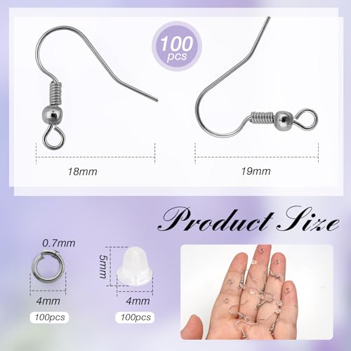 TOAOB 300pcs Earring Hooks Kits Silvery Grey French Ear Wires with Ball and Coil 18mm Fish Hook Earring Making Supplies with Jump Rings and Clear Silicone Ear Backs for DIY Jewelry Findings - color: Silvery grey