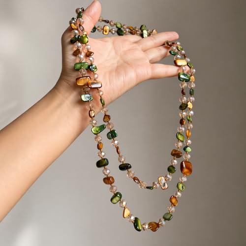 Long Boho Beaded Necklace for Women, Convertible Layered or Single Strand Necklace, Green Brown Irregular Stone Bead Necklace, Vintage Vacation Statement Jewelry