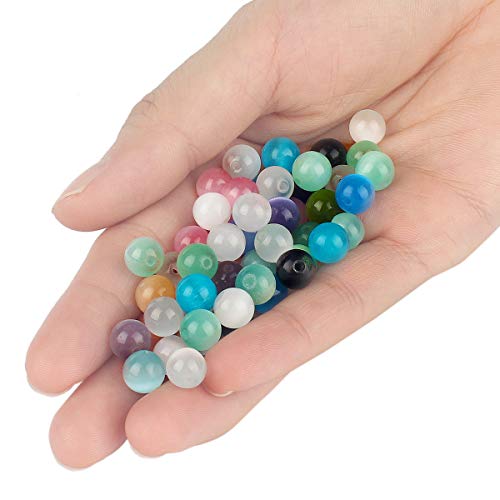 70PCS Natural 8MM Healing Gemstone, Synthetic Cat’s Eye Energy Stone Round Loose Beads, Semi-Precious Crystal Beads with Free Elastic String for Jewelry Making DIY - color: Cat’s Eye