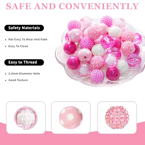 48 Pcs 20mm Beads for Pens Rhinestone Bubblegum Beads Mixed Crystal Acrylic Round Chunky Bead Sparkly Craft Large Balls Bead for Pen Beadable Keychain Bracelet Necklace DIY Jewelry Making Supplies - color: Pink series