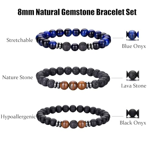 RANKEEF Tiger Eye Bracelet For Men 8MM Natural Stone Stretch Adjustable Black Crystal Beaded Bracelet for Men Women Gifts - color: 3,blue,tiger eye