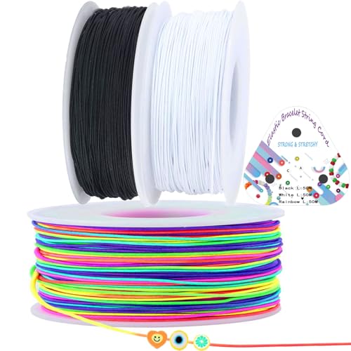 3 Rolls 1.0 mm 495 Feet Rainbow/White/Black Elastic Bracelet Stretchy String Cord, Stretch Bead Cord for Bracelets Jewelry Making, Necklaces, Beading and Crafts - size: 495ft
