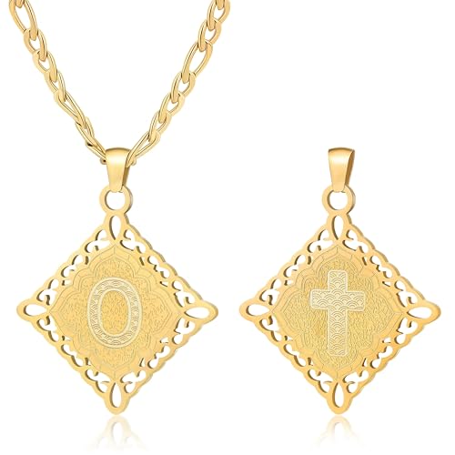 LETFLY Initial Necklaces for Women Men, 18K Gold Plated Letter Cross Pendant Necklace Alphabets A-Z Figaro Chain Jewelry Gifts - color: Rhombic, style: Letter O