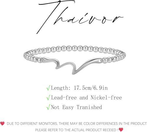 Mothers Day Gifts - Beaded Bracelets for Women 14K Silver Gold Plated Stretch Handmade Ball Bracelets Cute Charm Bracelet Dainty Stackable Cross Heart Bow Wave CZ Circle Trendy Jewelry Easter Gifts - color: wave-silver