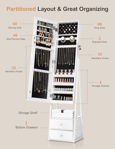 Nicetree Jewelry Cabinet Armoire with 2 Drawers, Lockable Standing Mirror Jewelry Cabinet, Full Length Mirror with Jewelry Storage, Gift Idea, White - color: White