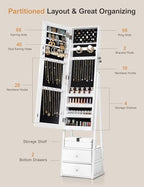 Nicetree Jewelry Cabinet Armoire with 2 Drawers, Lockable Standing Mirror Jewelry Cabinet, Full Length Mirror with Jewelry Storage, Gift Idea, White - color: White