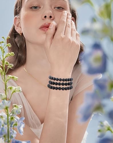 2/3-Pieces 4mm 6mm 8mm Natural Crystal Gemstone – Handmade Reiki Energy Healing Stretch Bracelets Jewelry for Yoga, Meditation, Unisex - color: 3 Pieces (BlackLava&BlackOnyx&MatteBlackAgate), size: 8mm