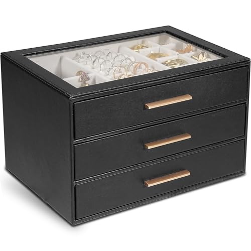 GUOER Jewelry Box for Women, Glass Lid Jewelry Organizer with 3 Drawers PU Jewelry Storage Case for Necklaces Rings Earrings Bracelets, Black - color: Black
