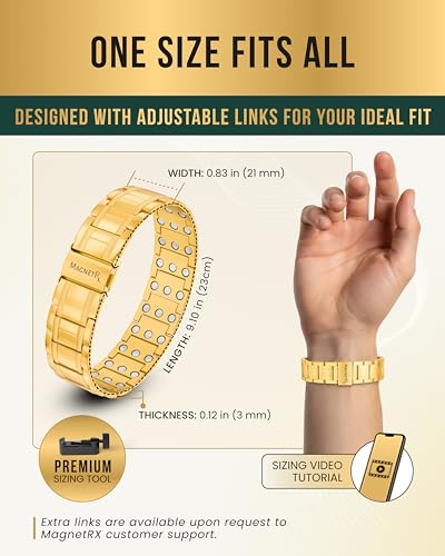 MagnetRX® 3x Strength Magnetic Bracelets for Men – Effective Magnetic Mens Titanium Bracelet – Premium Fold–over Clasp & Adjustable Length with Sizing Tool & Gift Box (Gold) - color: Gold (3X Strength)