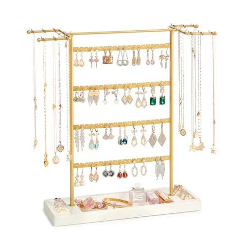 Pinzoveco Jewelry Organizer, 4 Tier Earring Holder Organizer with Base Tray, Jewelry Holder Organizer Stand for Necklaces Holder, Rings, Bracelets, Jewelry Display and Storage (Golden and White) - color: Golden and White