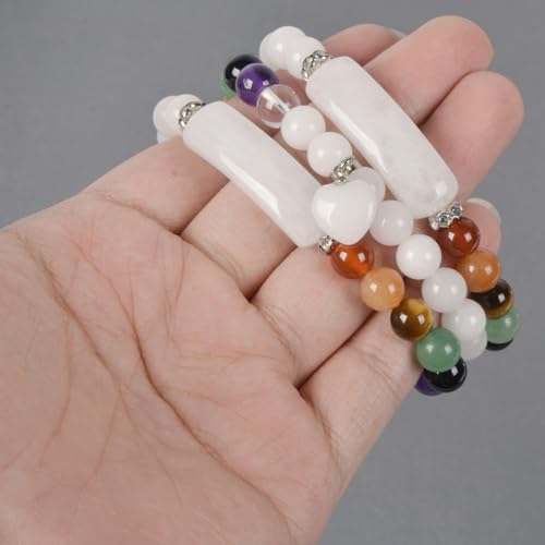 Justinstones Gem Semi Precious Gemstone Love Heart Charm Stretch Beaded Bracelet Unisex - color: White Jade(7 Chakra)