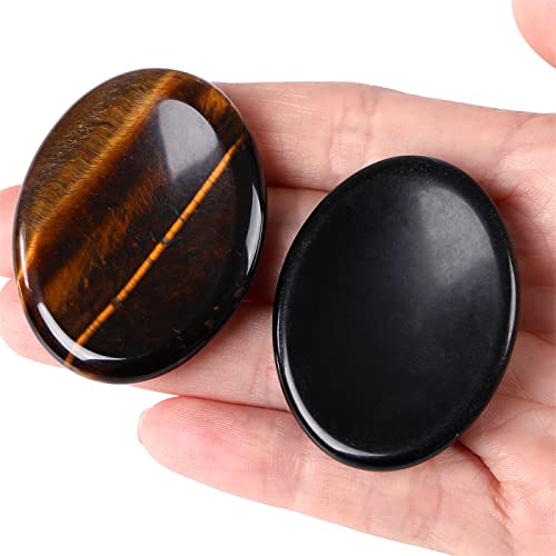 Thumb Worry Stone for Anxiety Healing Crystals Sets 2PCS Tiger's Eye Obsidian Hand Carved Stones Gemstone Pocket Natural Stone Meditation Reiki Oval Shaped Palm Stone Therapy - color: 1-tiger's Eye+black Obsidian, size: Oval