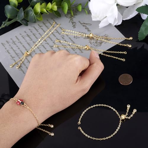 FASHEWELRY 10Pcs 18K Gold Plated Cable Chains Bracelet Adjustable Slider Bracelet Slider Extender Chains with Cubic Zirconia Ends for Woman Girl Jewelry Making, 7.87 Inch Long - color: 18K Gold Cable Chains, size: 7.87"