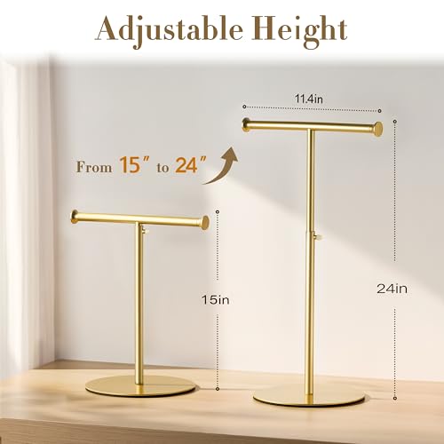 niffgaff T Bar Purse Display Stand Tabletop: Adjustable Height Handbag Holder, Countertop Hanging Rack for Long Necklace Scarf Lanyard, Gold - color: Gold