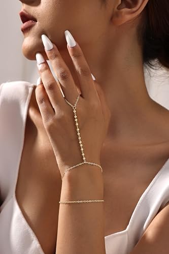 CHESKY 14K Gold Plated Hand Chain Bracelets for Women Set - Dainty Finger Ring Bracelet Stack Adjustable Hand Chains Durable Beaded Bracelets Trendy Simple Body Jewelry Gift for Women - style: 3beaded bracelet-gd