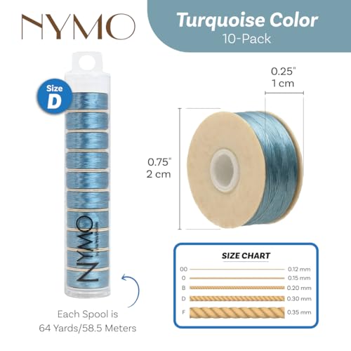 The Beadsmith Nymo Thread – 10-Pack Turquoise Color – Size D, .30mm Diameter, 64 Yard/58.5 Meter Spool – Made of Nylon – Bead Embroidery & Weaving, Off Loom & Loom Work and DIY Craft Projects - size: Size D, 64 Yards, style: Turquoise