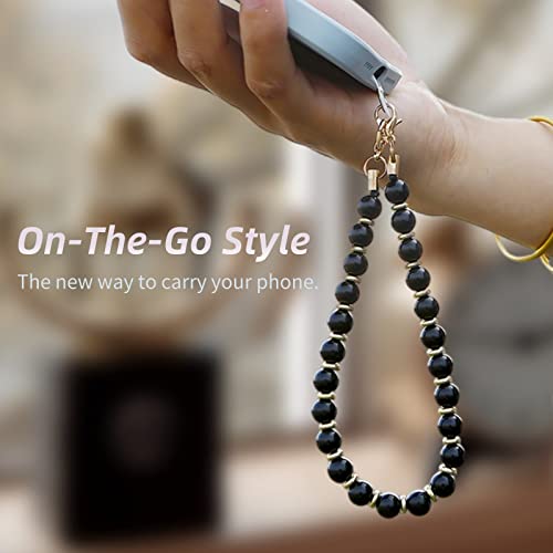 Marble Beaded Phone Wrist Strap,Detachable Phone Bracelet Strap with Tether Tab,Hands-Free Wristlet Strap (Obsidian-Black) - color: Obsidian-black