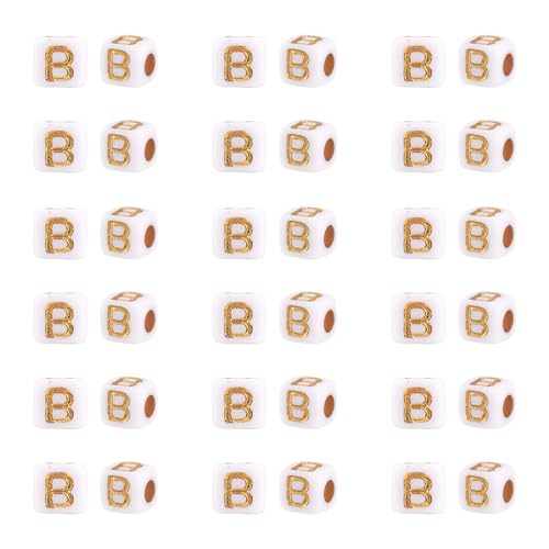 FASHEWELRY 500Pcs White Golden Letter Beads 4.5mm Square Alphabet Beads Acrylic Cube Letter B Beads for Friendship Bracelet Necklace Keychains Jewelry Making - color: Letter B