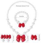 Princess Jewelry for Little Girls, Handmade Bow Pearl Kids Jewelry Set, Stretch Necklace Bracelets Rings and Clip on Earrings, Perfect for Dress Up, Birthday Parties, and Costume Play - color: Red