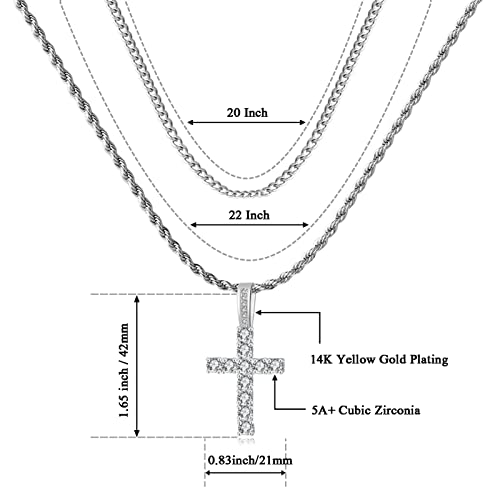 GEMOSA Cross Chain for Men 14K Gold Silver Plated Solid Iced Out 5A+ Cubic Zirconia Stainless Steel Cuban Link rope Layered Chains 16-24 Inch Large Cross Diamond Pendant Nceklace Jewelry Gifts - color: Silver, size: 20/22 inch