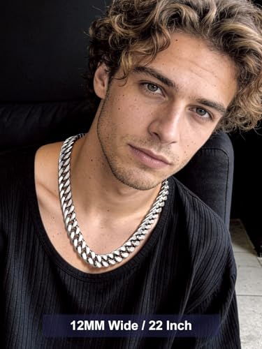 Bandmax Mens Stainless Steel Chain Necklaces 5MM/7MM/9MM/12MM Chunky Miami Cuban Link Chain Necklace Silver/Gold Plated/Black Chains for Men 18"-30" - color: 10 12MM-Silver Tone, size: 22 Inch (56cm, Pop Choice)