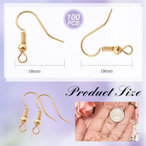 TOAOB 100pcs Earring Hooks Hypoallergenic French Ear Wires with Ball and Coil 18mm K Gold Tone Fish Hook Earrings Making Supplies for DIY Jewelry Making - color: K gold