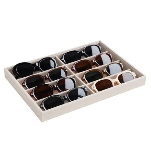 Stratalife Sunglasses Organizer Stackable Sunglass Jewelry Storage Tray with Removable Dividers Display Case for Necklace Earring Bracelet Drawer Inserts 8 Grid Beige